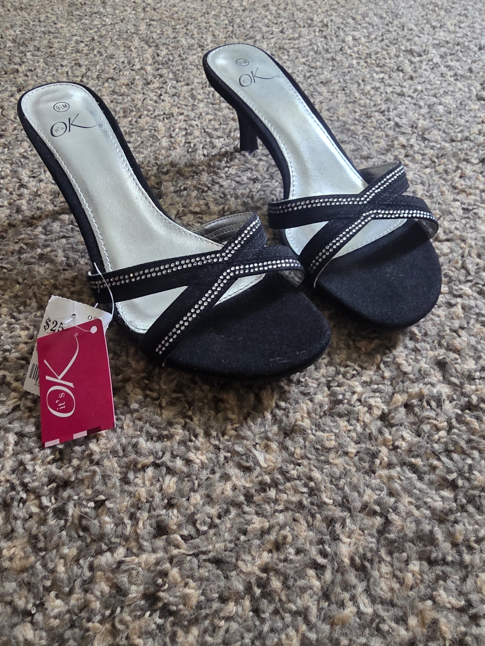 OK Branded Black Rhinestone-Trim High Heel Sandals